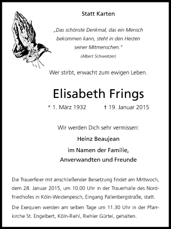 Anzeige von Elisabeth Frings von Kölner Stadt-Anzeiger / Kölnische Rundschau / Express