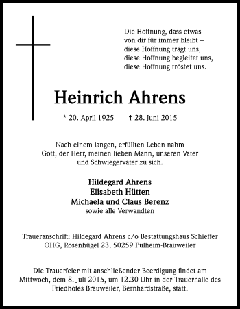Anzeige von Heinrich Ahrens von Kölner Stadt-Anzeiger / Kölnische Rundschau / Express