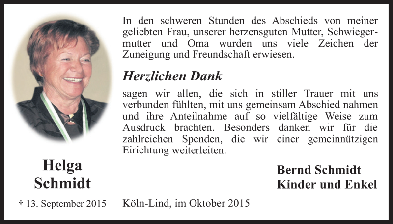  Traueranzeige für Helga Schmidt vom 07.10.2015 aus  Kölner Wochenspiegel 