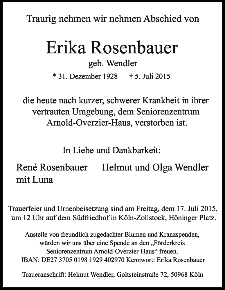  Traueranzeige für Erika Rosenbauer vom 11.07.2015 aus Kölner Stadt-Anzeiger / Kölnische Rundschau / Express