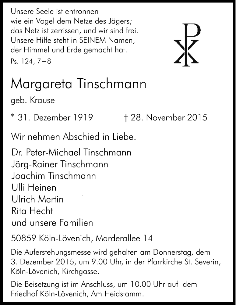  Traueranzeige für Margareta Tinschmann vom 02.12.2015 aus Kölner Stadt-Anzeiger / Kölnische Rundschau / Express