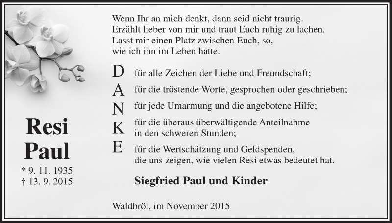  Traueranzeige für Resi Paul vom 25.11.2015 aus  Lokalanzeiger 