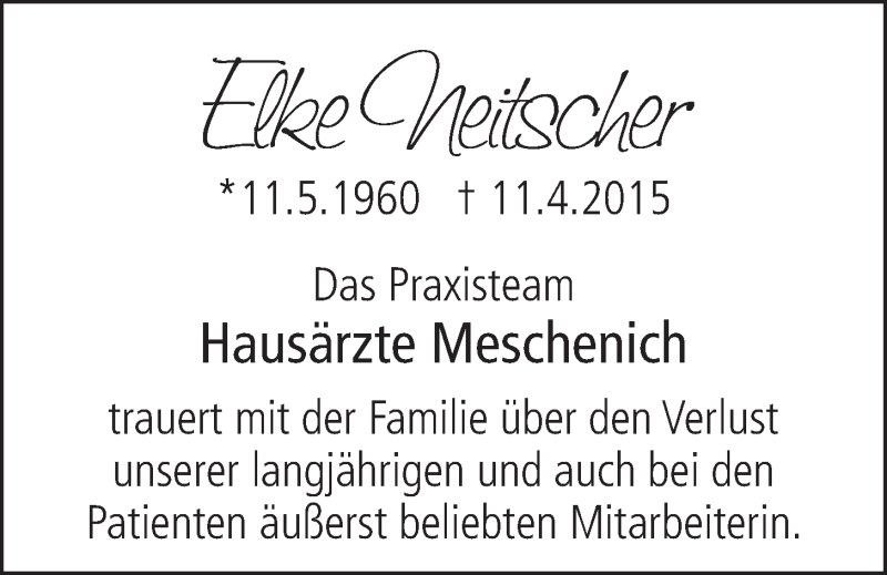  Traueranzeige für Elke Neitscher vom 22.04.2015 aus  Schlossbote/Werbekurier 