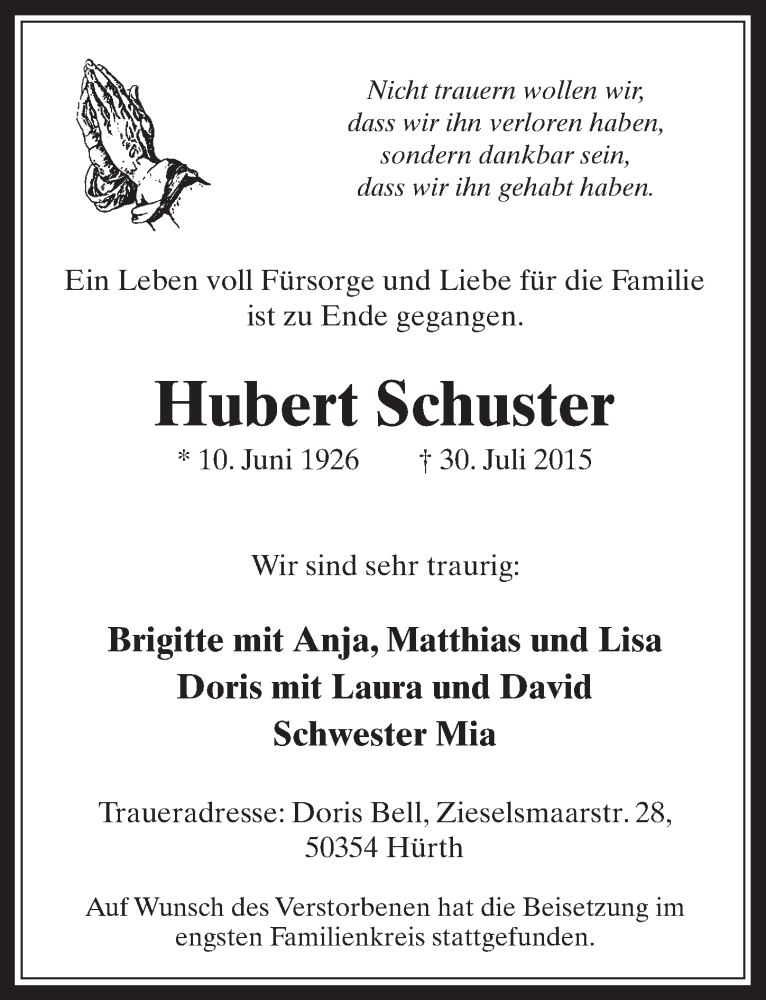  Traueranzeige für Hubert Schuster vom 26.08.2015 aus  Wochenende 