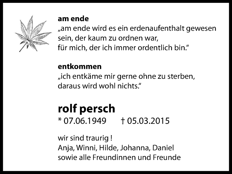  Traueranzeige für Rolf Persch vom 14.03.2015 aus Kölner Stadt-Anzeiger / Kölnische Rundschau / Express