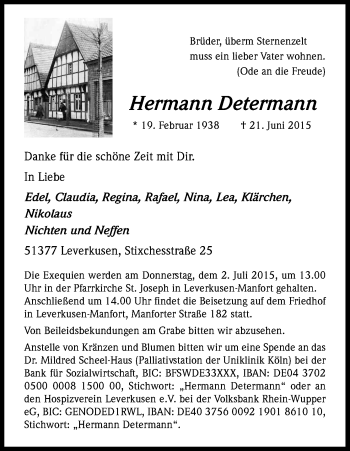 Anzeige von Hermann Determann von Kölner Stadt-Anzeiger / Kölnische Rundschau / Express