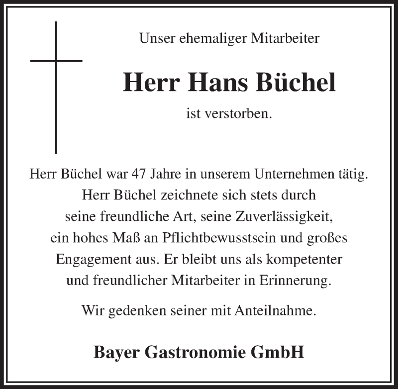  Traueranzeige für Hans Büchel vom 29.07.2015 aus  Lokale Informationen 