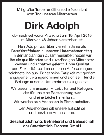 Anzeige von Dirk Adolph von  Kölner Wochenspiegel 