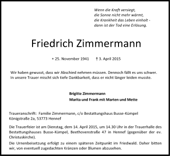 Anzeige von Friedrich Zimmermann von Kölner Stadt-Anzeiger / Kölnische Rundschau / Express