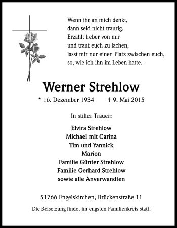 Anzeige von Werner Strehlow von Kölner Stadt-Anzeiger / Kölnische Rundschau / Express