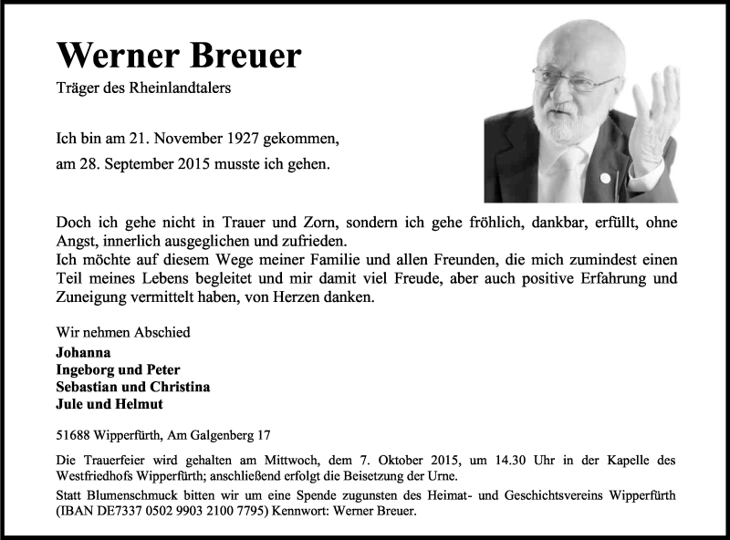  Traueranzeige für Werner Breuer vom 01.10.2015 aus Kölner Stadt-Anzeiger / Kölnische Rundschau / Express