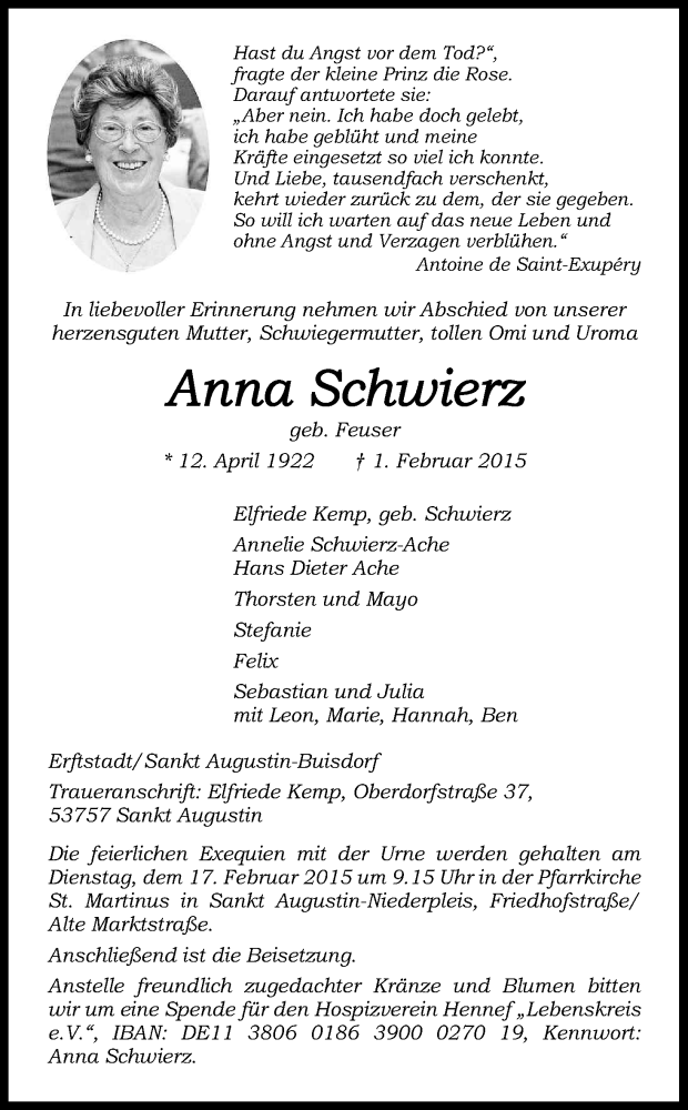  Traueranzeige für Anna Schwierz vom 07.02.2015 aus Kölner Stadt-Anzeiger / Kölnische Rundschau / Express