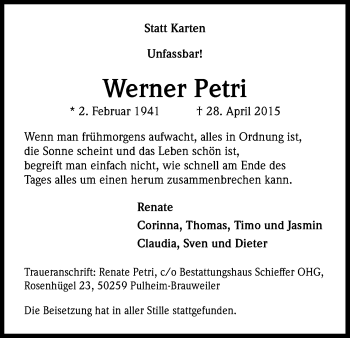 Anzeige von Werner Petri von Kölner Stadt-Anzeiger / Kölnische Rundschau / Express