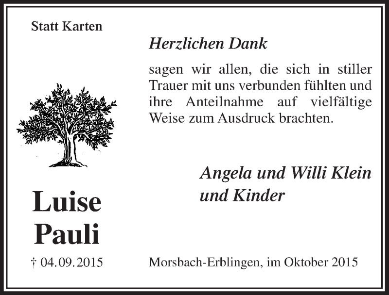  Traueranzeige für Luise Pauli vom 21.10.2015 aus  Lokalanzeiger 