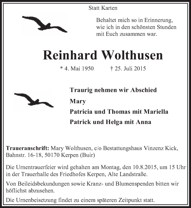  Traueranzeige für Reinhard Wolthusen vom 01.08.2015 aus  Sonntags-Post 