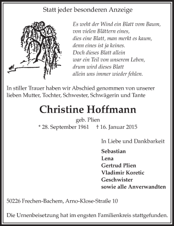 Anzeige von Christine Hoffmann von  Sonntags-Post 