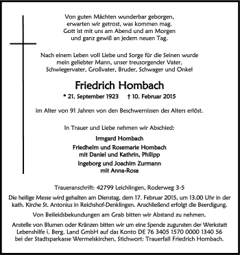 Anzeige von Friedrich Hombach von Kölner Stadt-Anzeiger / Kölnische Rundschau / Express