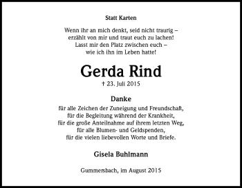 Anzeige von Gerda Rind von Kölner Stadt-Anzeiger / Kölnische Rundschau / Express