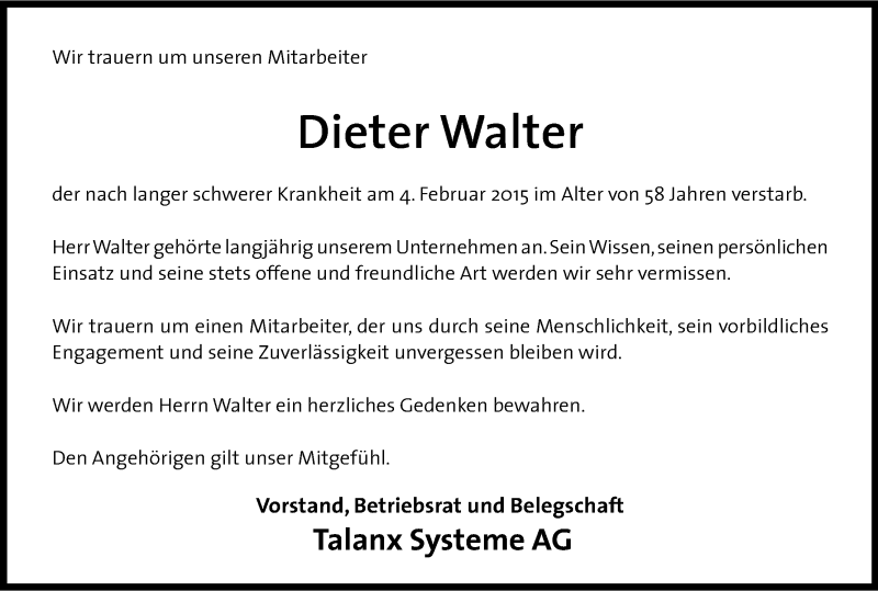  Traueranzeige für Dieter Walter vom 11.02.2015 aus Kölner Stadt-Anzeiger / Kölnische Rundschau / Express