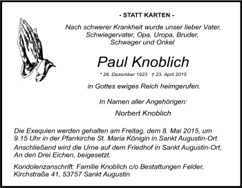 Anzeige von Paul Knoblich von Kölner Stadt-Anzeiger / Kölnische Rundschau / Express