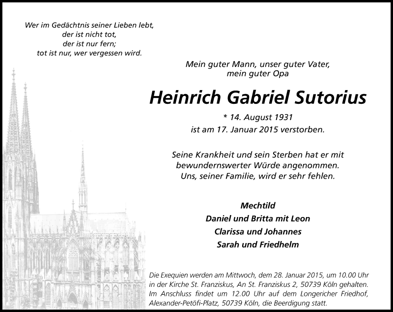  Traueranzeige für Heinrich Gabriel Sutorius vom 24.01.2015 aus Kölner Stadt-Anzeiger / Kölnische Rundschau / Express