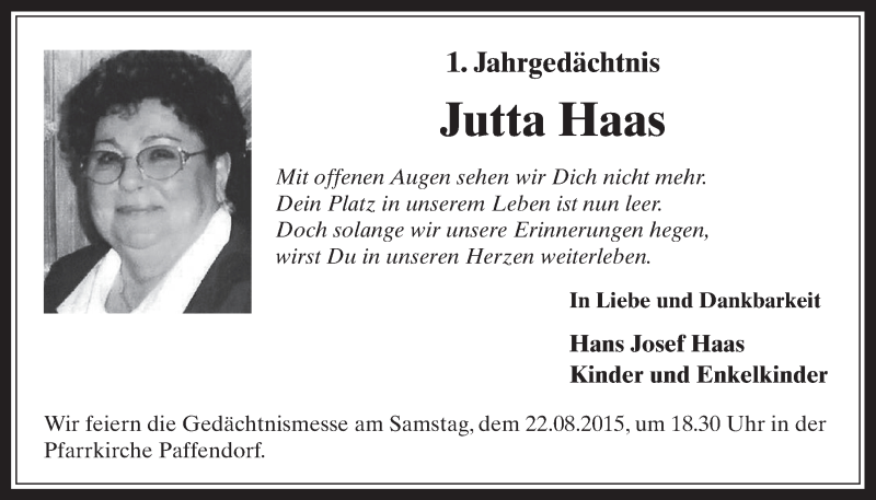  Traueranzeige für Jutta Haas vom 19.08.2015 aus  Werbepost 