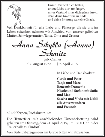 Anzeige von Anna Sibylla Schmitz von  Sonntags-Post 