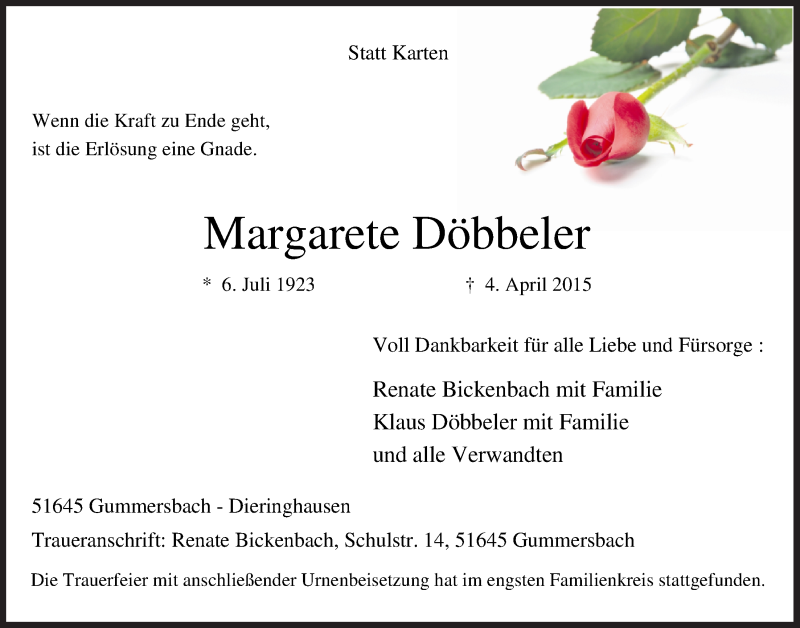  Traueranzeige für Margarete Döbbeler vom 15.04.2015 aus  Anzeigen Echo 