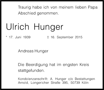 Anzeige von Ulrich Hunger von Kölner Stadt-Anzeiger / Kölnische Rundschau / Express
