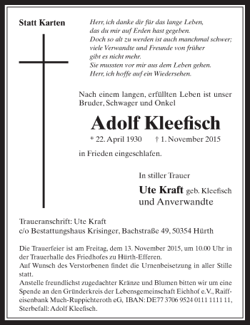 Anzeige von Adolf Kleefisch von  Wochenende 