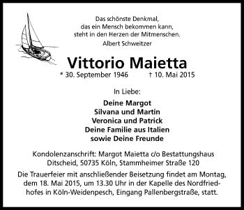 Anzeige von Vittorio Maietta von Kölner Stadt-Anzeiger / Kölnische Rundschau / Express