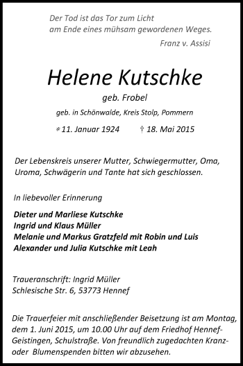Anzeige von Helene Kutschke von Kölner Stadt-Anzeiger / Kölnische Rundschau / Express