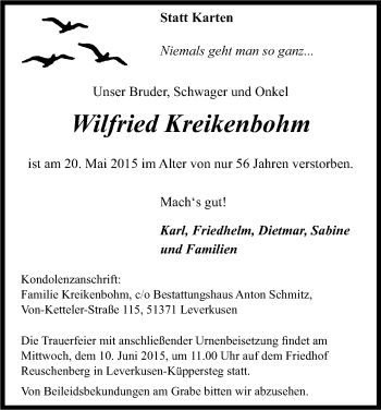 Anzeige von Wilfried Kreikenbohm von Kölner Stadt-Anzeiger / Kölnische Rundschau / Express