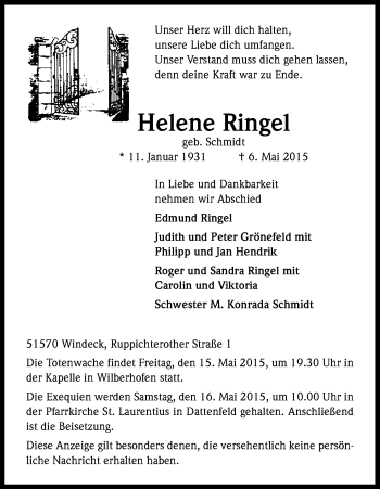 Anzeige von Helene Ringel von Kölner Stadt-Anzeiger / Kölnische Rundschau / Express