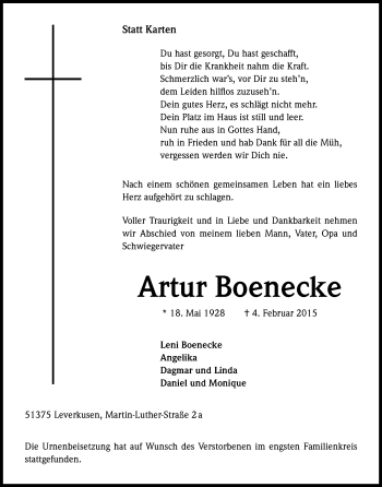 Anzeige von Artur Boenecke von Kölner Stadt-Anzeiger / Kölnische Rundschau / Express