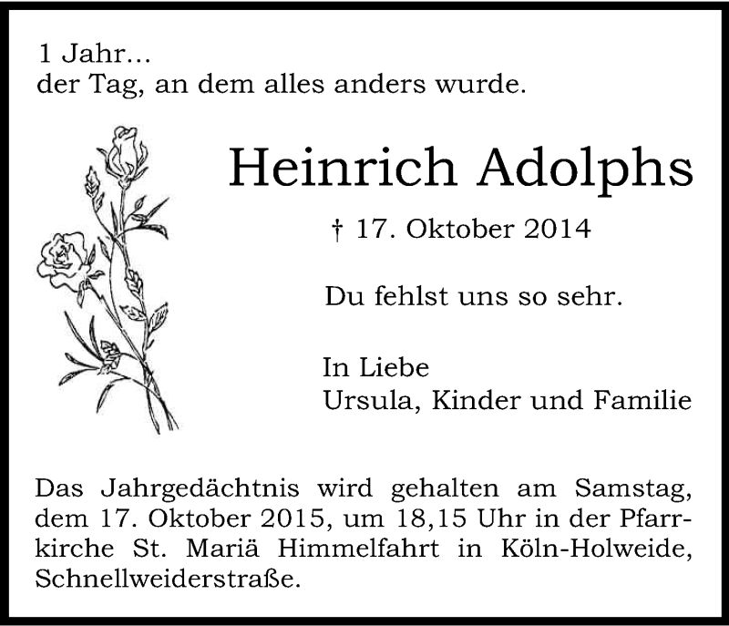  Traueranzeige für Heinrich Adolphs vom 17.10.2015 aus Kölner Stadt-Anzeiger / Kölnische Rundschau / Express
