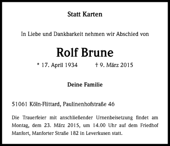 Anzeige von Rolf Brune von Kölner Stadt-Anzeiger / Kölnische Rundschau / Express