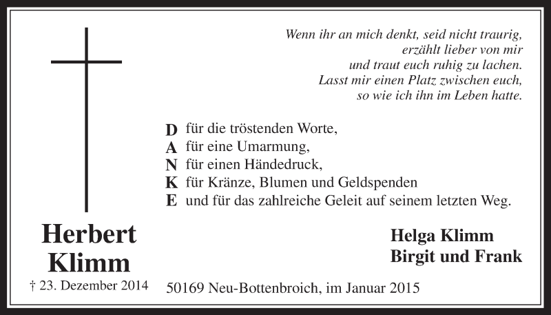  Traueranzeige für Herbert Klimm vom 21.01.2015 aus  Werbepost 