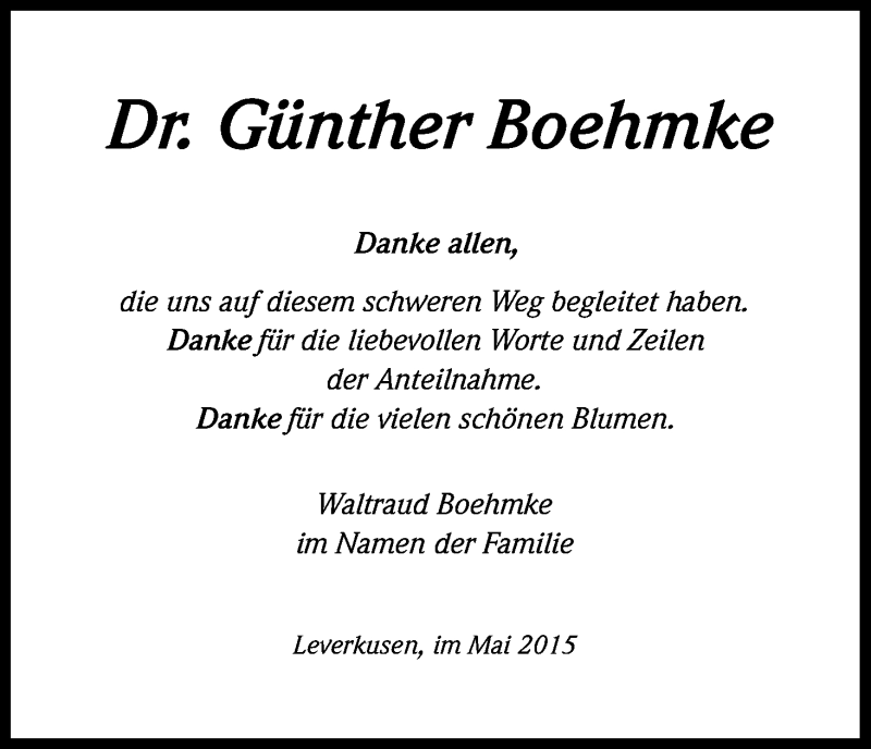 Traueranzeige für Günther Boehmke vom 16.05.2015 aus Kölner Stadt-Anzeiger / Kölnische Rundschau / Express