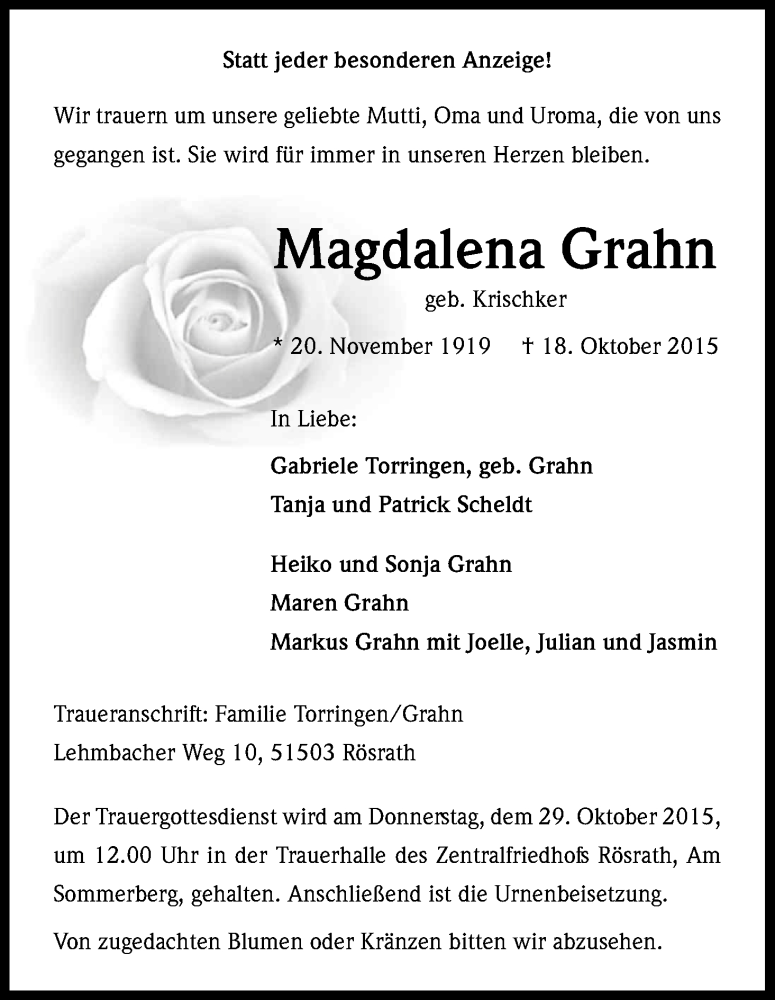  Traueranzeige für Magdalena Grahn vom 24.10.2015 aus Kölner Stadt-Anzeiger / Kölnische Rundschau / Express