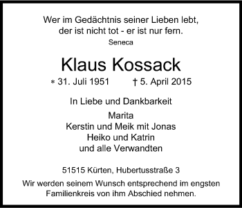 Anzeige von Klaus Kossack von Kölner Stadt-Anzeiger / Kölnische Rundschau / Express