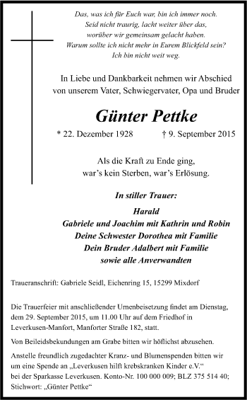 Anzeige von Günter Pettke von Kölner Stadt-Anzeiger / Kölnische Rundschau / Express