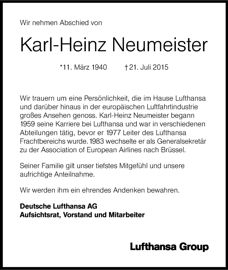  Traueranzeige für Karl-Heinz Neumeister vom 30.07.2015 aus Kölner Stadt-Anzeiger / Kölnische Rundschau / Express
