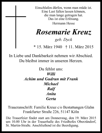 Anzeige von Rosemarie Kreuz von  Kölner Wochenspiegel 