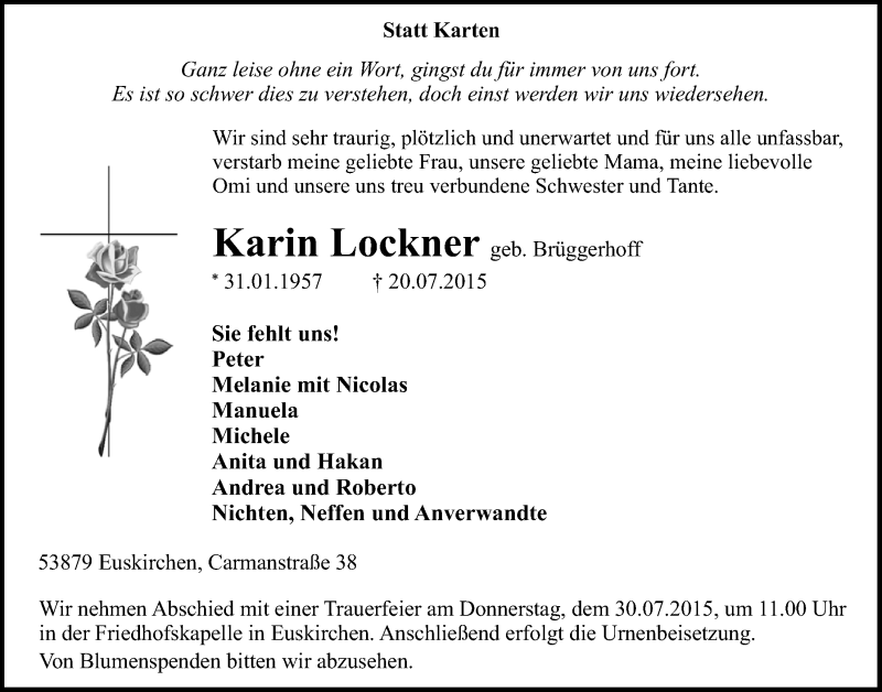  Traueranzeige für Karin Lockner vom 26.07.2015 aus  Blickpunkt Euskirchen 
