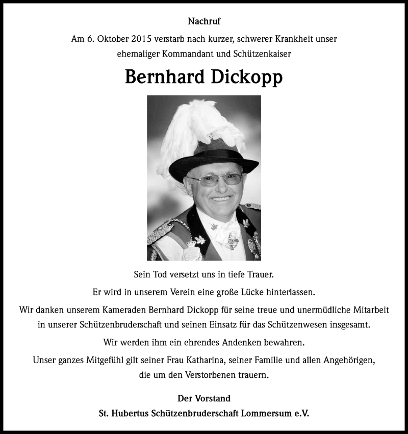  Traueranzeige für Bernhard Dickopp vom 10.10.2015 aus Kölner Stadt-Anzeiger / Kölnische Rundschau / Express