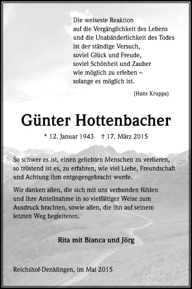  Traueranzeige für Günter Hottenbacher vom 06.05.2015 aus Kölner Stadt-Anzeiger / Kölnische Rundschau / Express