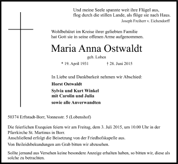 Anzeige von Maria Anna Ostwaldt von Kölner Stadt-Anzeiger / Kölnische Rundschau / Express