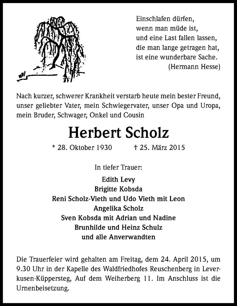  Traueranzeige für Herbert Scholz vom 18.04.2015 aus Kölner Stadt-Anzeiger / Kölnische Rundschau / Express