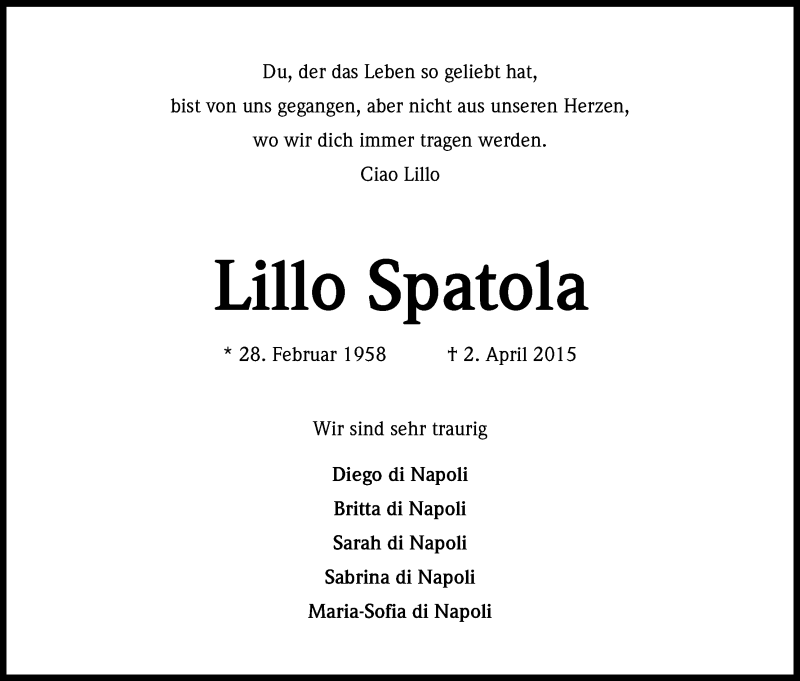  Traueranzeige für Lillo Spatola vom 09.04.2015 aus Kölner Stadt-Anzeiger / Kölnische Rundschau / Express